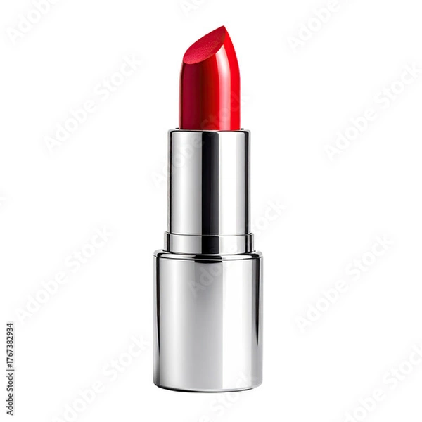 Obraz A bright red lipstick in a shiny silver tube against a black background