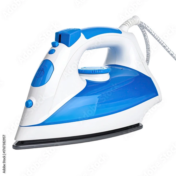 Obraz A close-up shot of a modern electric iron, white and blue, with a coiled cord