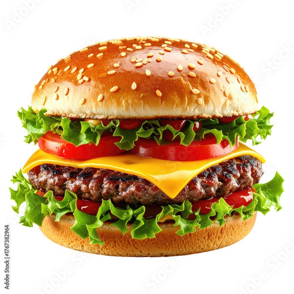 Obraz A large, juicy burger with sesame seed bun, cheese, lettuce, tomato, and a grilled patty