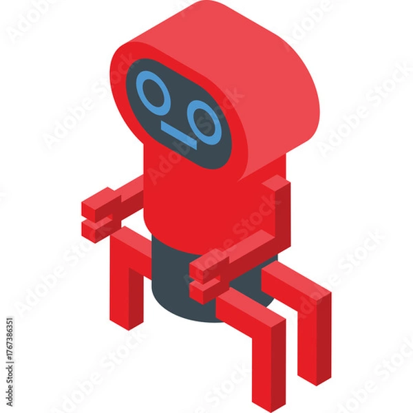 Obraz Isometric Red Robot with Blue Eyes and Dark Gray Torso Sitting with Four Legs on Transparent Background