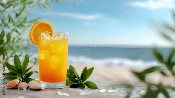 Obraz glass of orange juice on beach