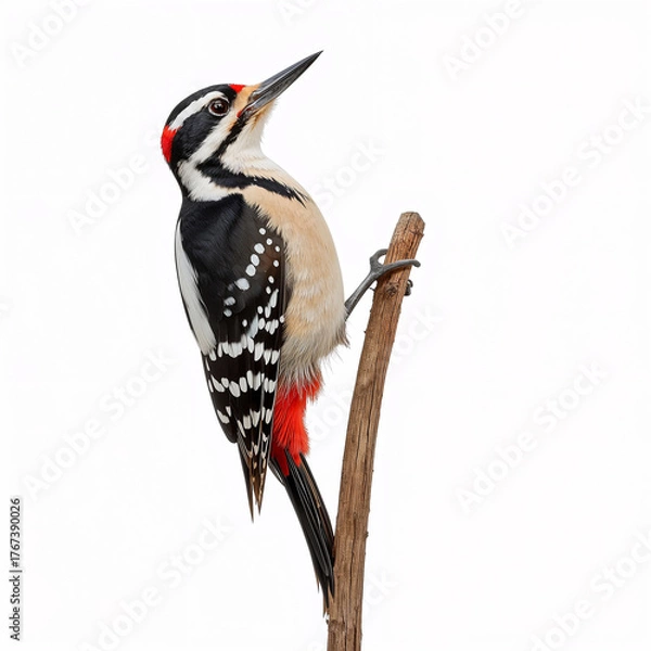 Fototapeta Full-body portrait of a Great Spotted Woodpecker perched on a branch, showcasing its bold black-and-white plumage and vibrant red markings against a clean white background