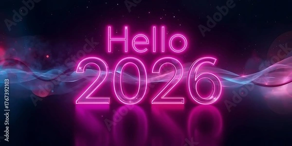 Fototapeta Futuristic Neon "Hello 2026" Sign with Colorful Light Waves