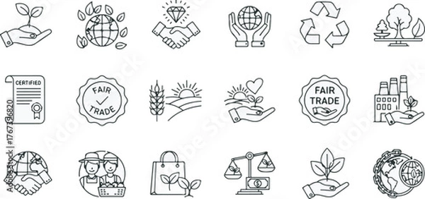 Fototapeta Sustainable fair trade and ethical business icon set in line art style on white background