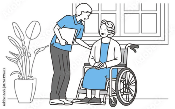Fototapeta 介護士と会話をするシニア女性のイラスト