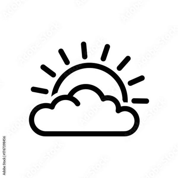 Fototapeta Partly sunny weather icon. Minimal sun and cloud line symbol.