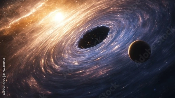Fototapeta A stunning view of a swirling galaxy and black hole beside a distant planet in the vast cosmos. Explore the wonders of space.