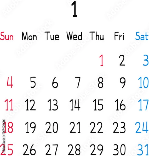 Obraz 2026년 월별 달력 양식-1월