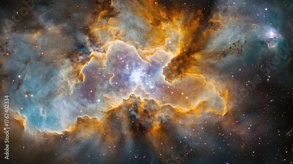 Fototapeta A stunning view of a colorful cosmic nebula in the vast universe, filled with vibrant stars and swirling gases creating awe-inspiring beauty.