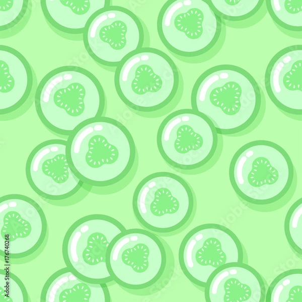 Fototapeta Seamless pattern sliced cucumber on light green background. Kawaii style.