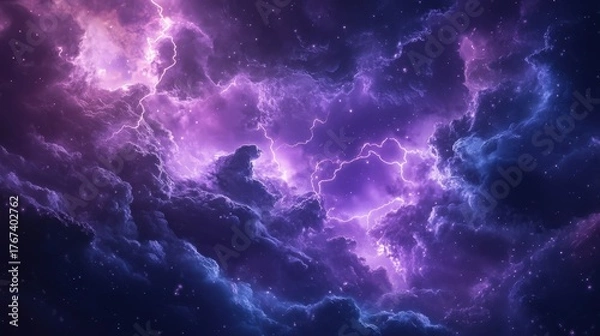 Fototapeta Stunning purple and blue cosmic clouds with electric lightning bursts in a starry night sky, creating a vibrant and mystical atmosphere.