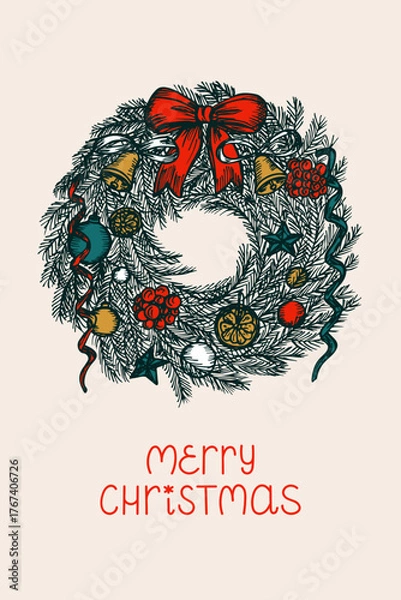 Obraz Merry Christmas greeting card with lettering. Christmas wreath with decorations. Hand-drawn sketch illustration. Vector line art drawing, isolated