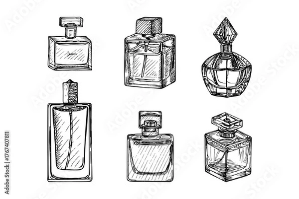 Obraz Sketch illustrations of glass spray perfume bottles. Fashion, cosmetics concept. Collection of an outline drawing in engraving style. Hand-drawn vector line art clipart, isolated