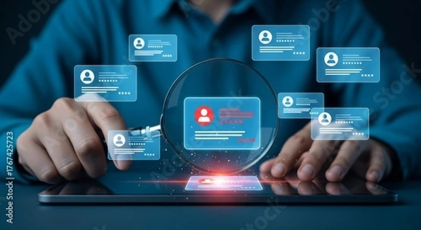 Fototapeta Recruitment Candidate Search HUD with Magnifying Glass Highlighting Profile Card