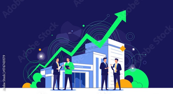 Obraz Business growth and success with upward trending graph and modern building.