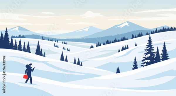 Obraz Winter Landscape with a Person Walking Through Snow.