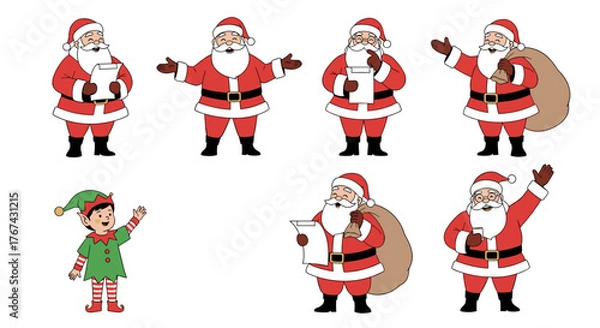 Obraz Collection of Santa Claus characters and an elf illustration.
