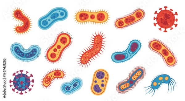 Obraz Collection of colorful diverse bacteria and virus illustrations.
