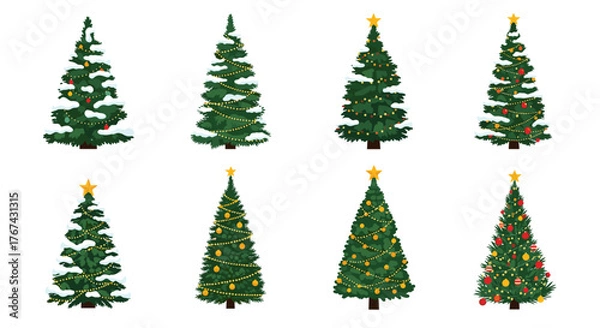 Obraz Collection of Eight Decorated Christmas Trees Isolated on White Background.