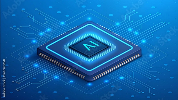 Fototapeta AI Chip with Light Glowing Neon Frame on Circuit Board Illustrating Digital Intelligence Futuristic Computing and Technology