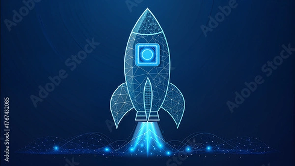 Fototapeta Abstract Polygonal Launch Rocket with AI Chip Illustrating Artificial Intelligence Space Exploration and Technological Progress
