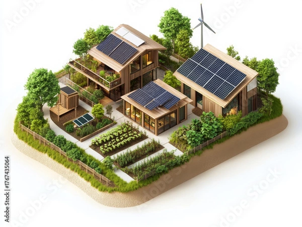 Obraz Eco-village energy – Schematic of village powered by solar, wind, and bioenergy sources feeding homes with energy flow arrows.