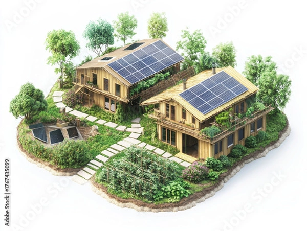 Obraz Eco-village energy – Schematic of village powered by solar, wind, and bioenergy sources feeding homes with energy flow arrows.