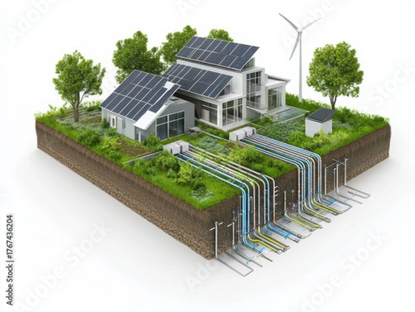 Fototapeta Eco-village microgrid – 3D schematic of solar, wind, and bioenergy network powering homes with transparent underground cabling.