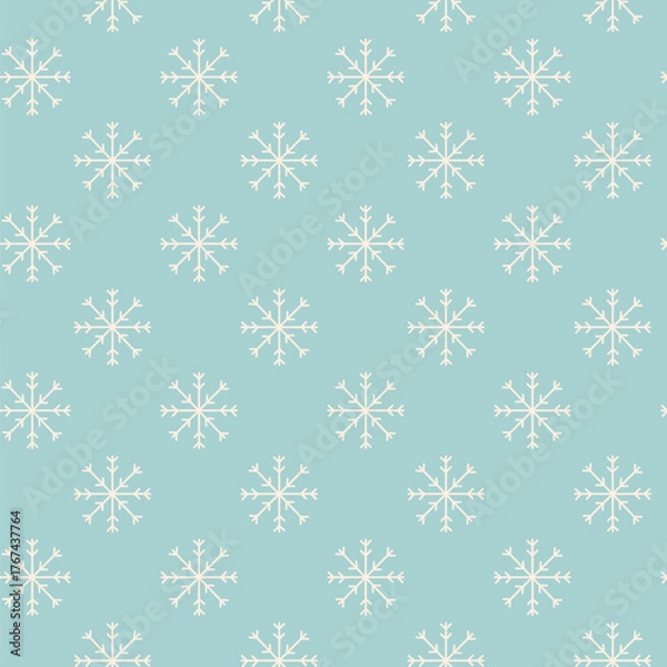 Fototapeta Winter seamless pattern of white snowflakes on light blue background. Doodle vector holiday illustration with hand drawn snow background.