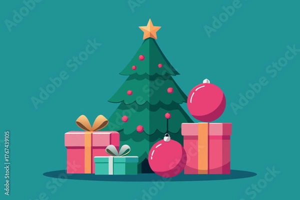 Obraz Festive christmas tree with gifts and ornaments