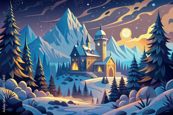 Obraz Enchanting winter castle nestled among snowy mountains under a starry sky