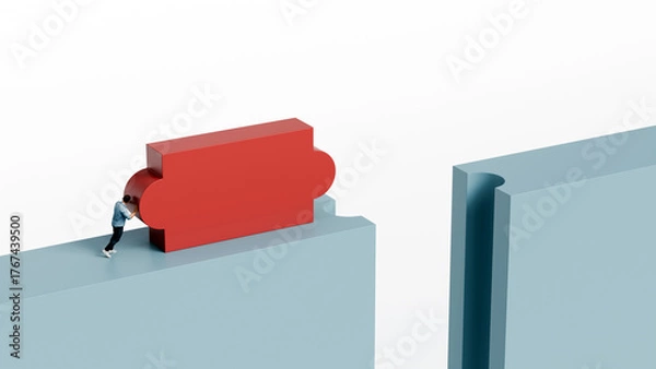 Fototapeta Man pushing a red puzzle-shaped block to complete a missing part of the path, persistence, problem solving, connection, creativity, 3d render