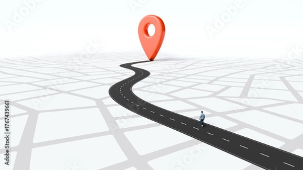 Fototapeta Man walking on a curved road toward a large red map pin location marker, direction, focus, journey, purpose, goal, achievement, 3d render