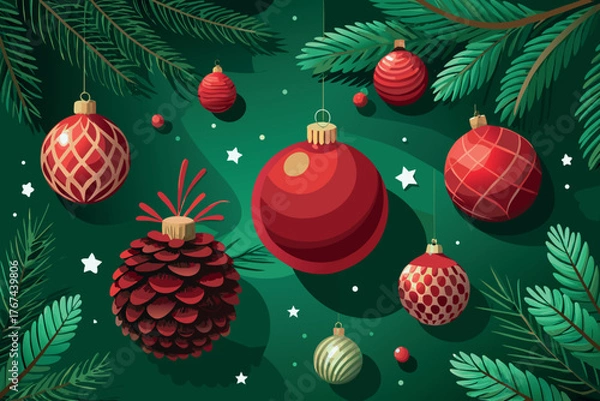 Obraz Festive christmas ornaments and pine branches on a dark green background