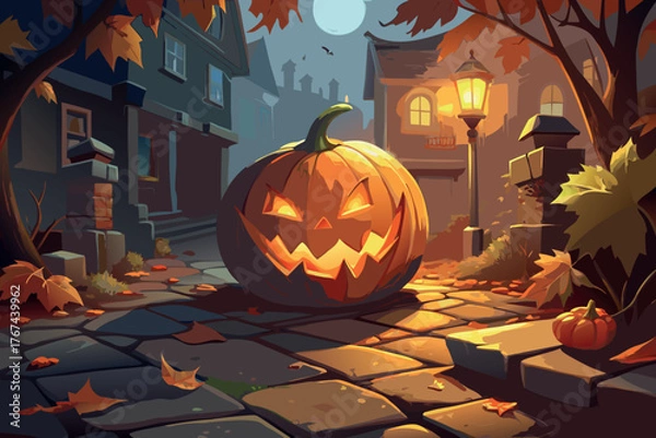 Obraz Spooky jack o lantern illuminates cobblestone street on halloween night