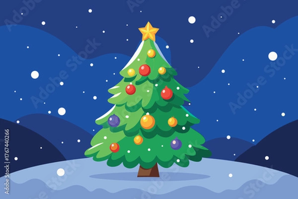 Obraz Festive christmas tree under snowy night sky