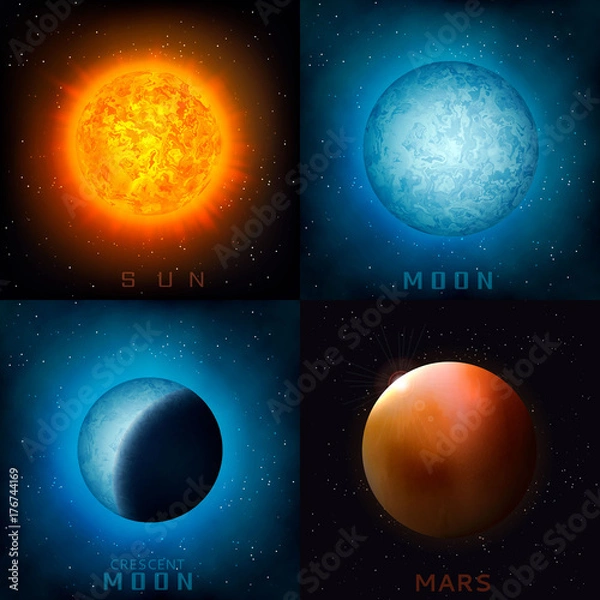 Fototapeta Set of  vector realistic star and planets - Sun with sunrays,glowing Moon and Mars on space background