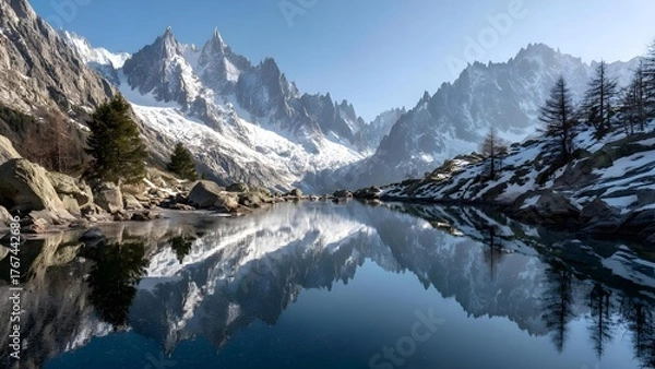 Fototapeta Snowy jagged mountains surround a calm alpine lake, its mirror-like surface reflecting the peaks, trees and blue sky. Concept Snowy jagged peaks, Alpine lake reflections, Mirror-like water