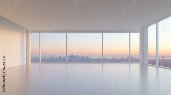 Fototapeta An empty room in a high-rise building with a view through a glass wall