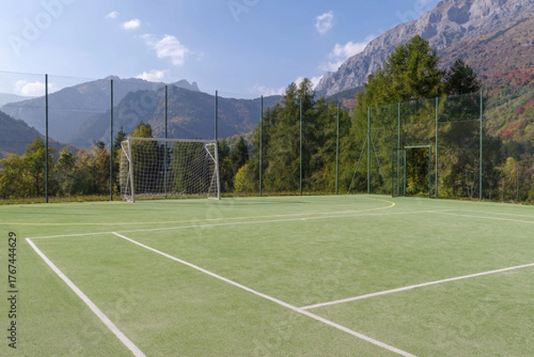 Obraz Football field with forest and mountain in back, Alps, Italy