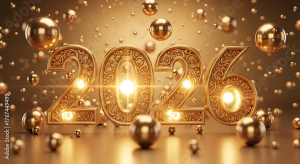 Fototapeta Golden 2024 new year celebration with shiny orbs and glowing lights festive abstract background