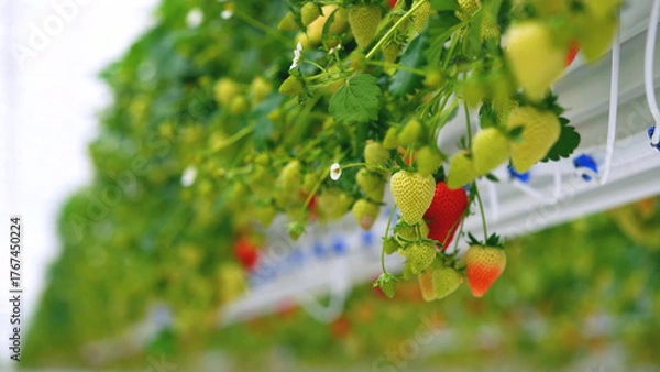 Obraz Unripe and ripening strawberries growing in rows on a modern hydroponic farm, showcasing green to red stages with clean, controlled environment.