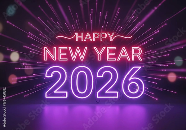 Fototapeta Happy new year 2026 neon sign glowing in futuristic tunnel vibrant celebration countdown