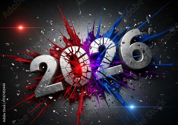 Fototapeta Explosive new year 2026 celebration artwork with colorful splashes and shimmering lights