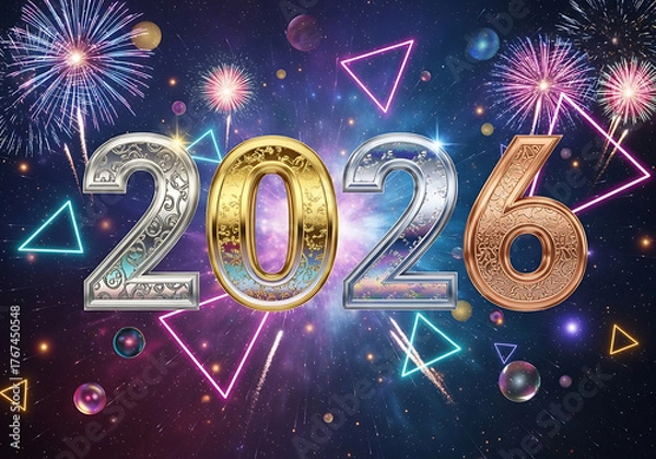 Fototapeta Celebrate 2026 with dazzling fireworks and abstract geometric shapes