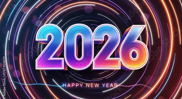 Fototapeta Vibrant 2026 new year celebration with swirling colorful lights and festive text