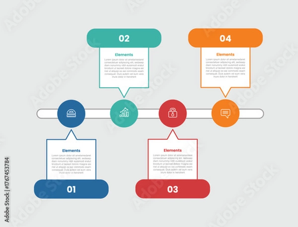 Fototapeta 4 elements infographic comparison diagram with speech bubble discussion box with timeline horizontal line up and down with 4 step for slide presentation