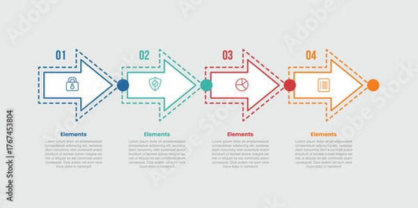 Fototapeta 4 elements infographic comparison diagram with simple arrow with dot line accessories on horizontal right direction with 4 step for slide presentation