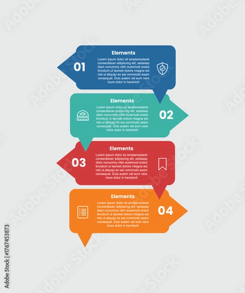 Fototapeta 4 elements infographic comparison diagram with long rectangle with arrow and speech bubble on vertical stacked list with 4 step for slide presentation vector