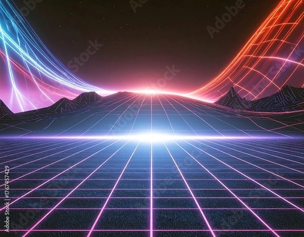 Fototapeta A stunning synthwave/retrowave abstract background featuring a neon-pink and blue grid floor, speed lines, and a bright central light, evoking an 80s futuristic or cyberpunk aesthetic.